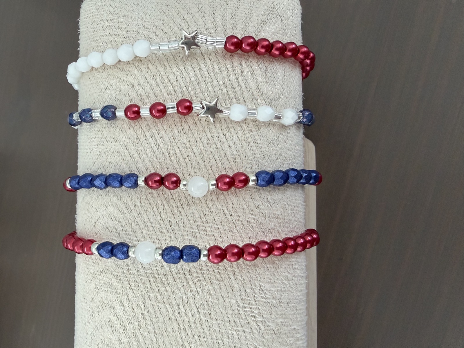 Red, white, and blue patriotic bracelets with stars