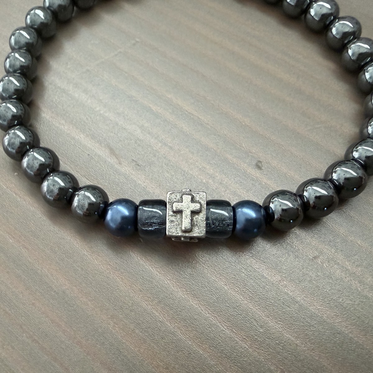 Hematite with Pewter Cross & Blue Diamond Accents — M003