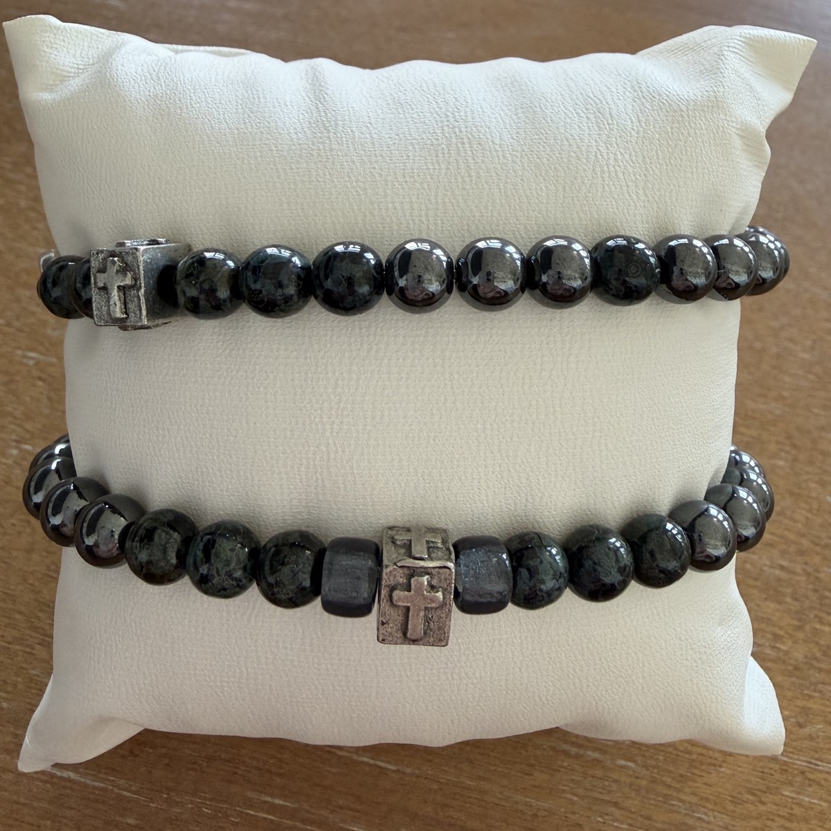 Hematite & Jasper with Pewter Cross — M004